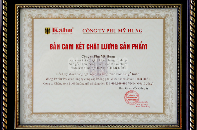 Chứng nhận cam kết sàn gỗ Kahn Đức với khách hàng Việt Nam